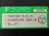 Quality Transformer QTE 5564 label closeup showing Model No. 5564, Varian M.E.D., OEM P/N 01005165 Rev E, date code 91-27, Code Ident No. 53615