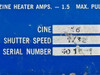 Traid Corp 1000-B close-up of blue data plate showing Cine 16, Shutter Speed 1/32, Serial Number 4019-1, magazine heater amps 1.5 max
