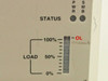 Close-up of front panel STATUS and LOAD indicators with PWR, SMB LEDs and OL overload marker on load bar graph