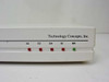 Close-up of Technology Concepts LineLink 144e front LED panel — AA, CD, OH, IO (red) and MR (green) status indicators
