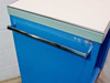 Wright Line blue cart — side view showing chrome tubular push handle and white laminate top surface detail