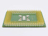 Intel Celeron SL48E FCPGA processor — angled bottom view showing pin array and PCB edge