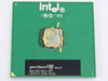 Intel Pentium III SL43J 866MHz CPU — top view showing die with thermal compound and printed specs: 866/256/133/1.65V