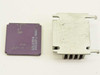 AMD R80286-16/S CPU bottom view showing purple ceramic substrate, pin grid array, and Malaysia date code 8923APJ, with heat sink rear view