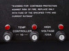 Close-up of Coulter Delsa 440 power supply fuse panel showing Temp Controller 10A and High Voltage 0.125A fuses with red indicator lamps