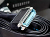 Close-up of blue Centronics-style ribbon cable connector from the Delsa 440SX cable bundle