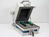 IMES SA2-40P Acoustic Sound Test Chamber — lid open showing foam-lined interior, SA2-40P and SA2-80P green PCB interface boards installed, blue vibration isolators under base, front latch visible