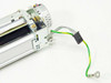 Seiko LTP5446B-C832 print head end-cap detail showing stepper motor drive gear, ground wire, and connector lead