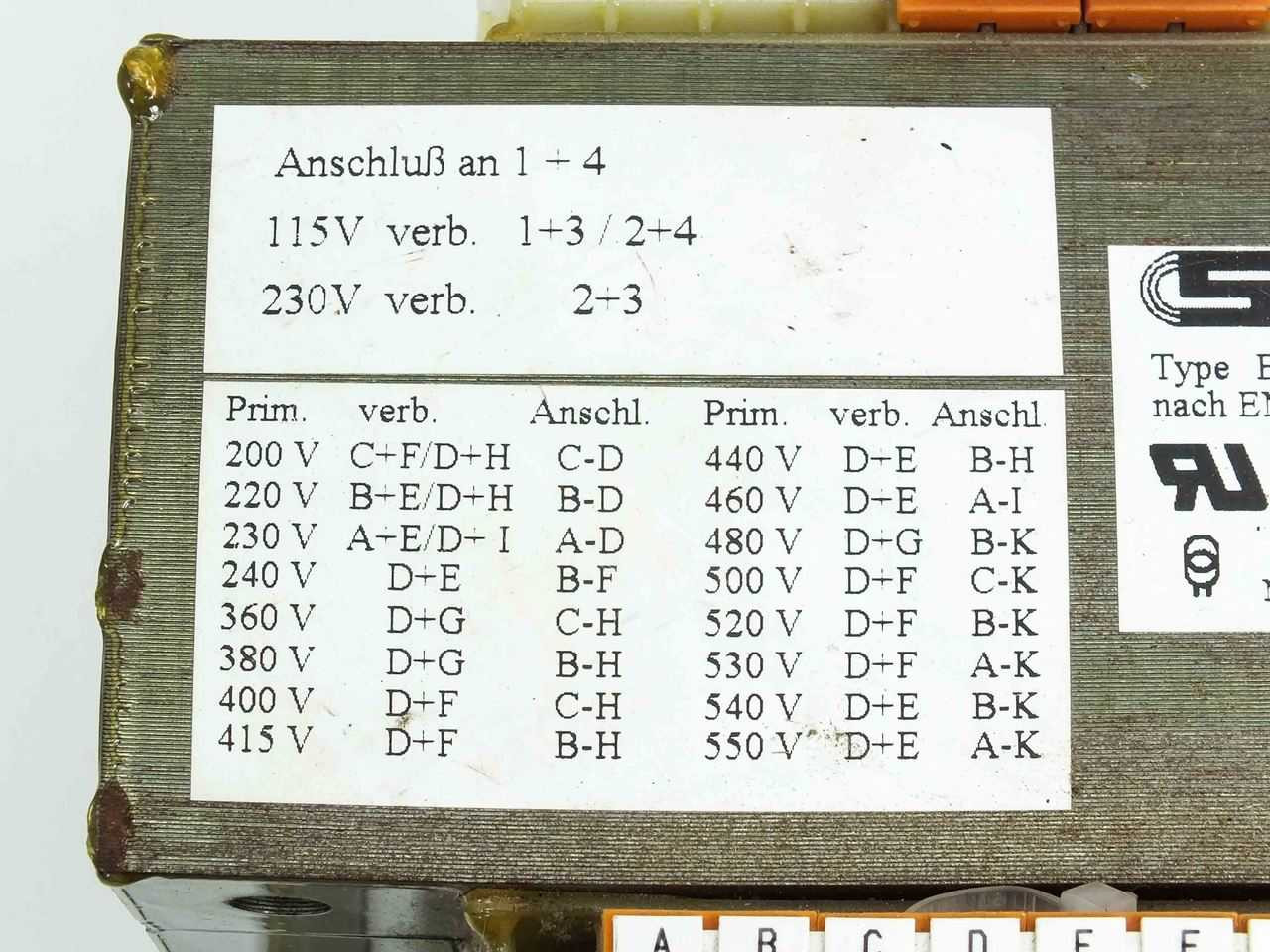 J. Schneider Transformer EN61558-2-2 200-550 V to 115-230 V