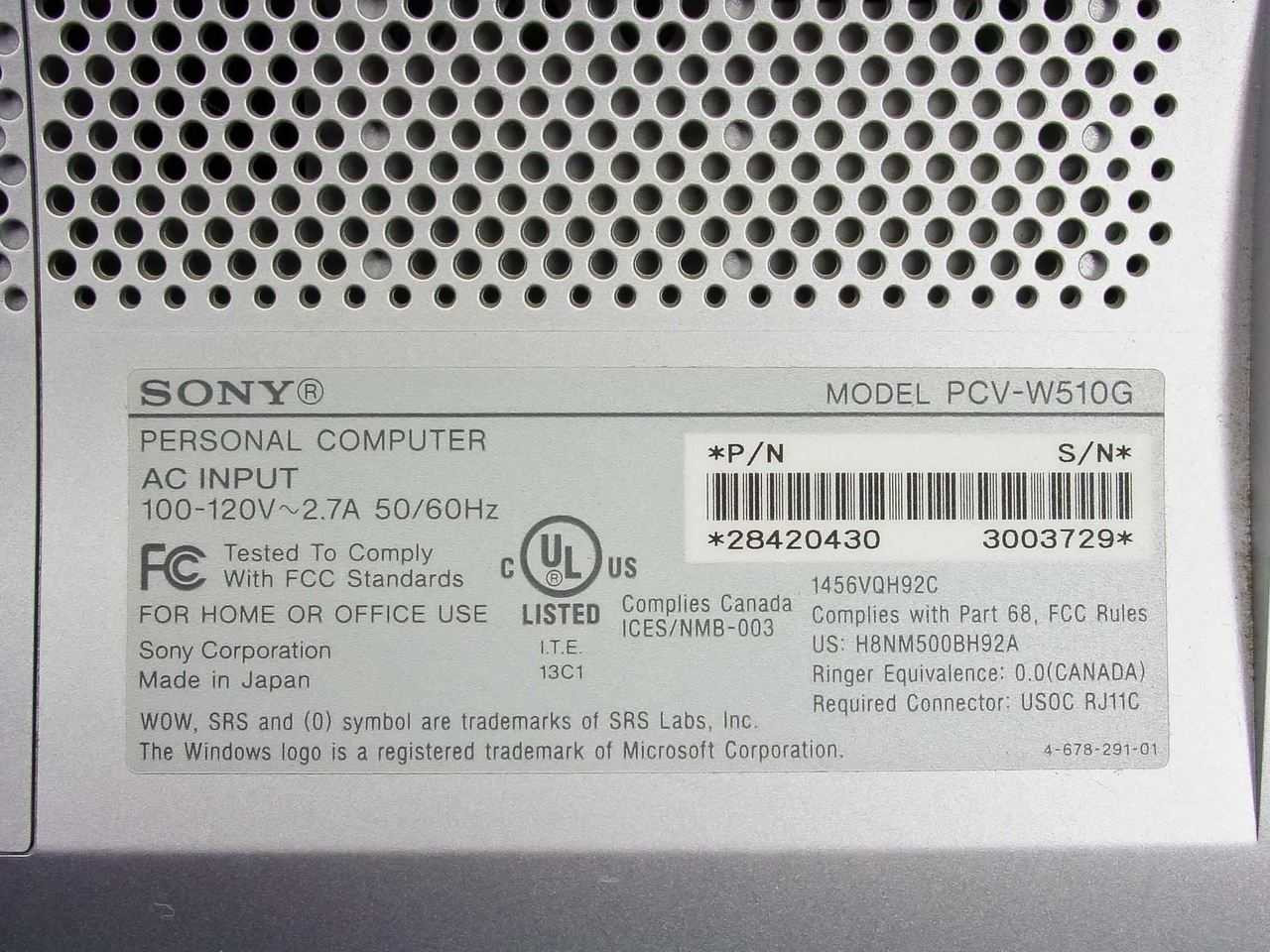 Sony PCV-W510G Vaio Computer 17