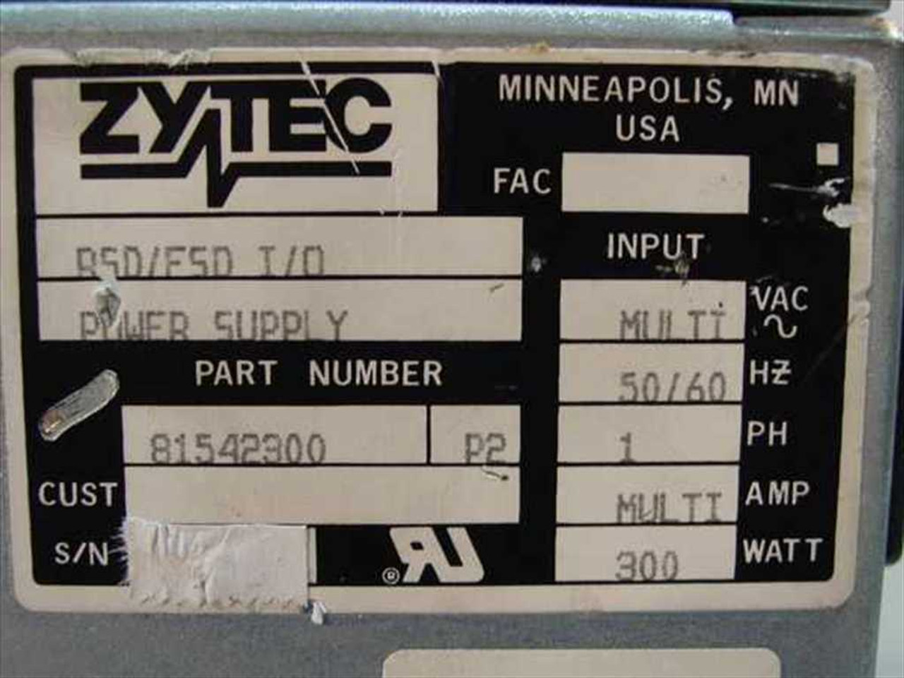 Control Data 81542300 300 Watt Zytec RSD/FSD I/0 Power