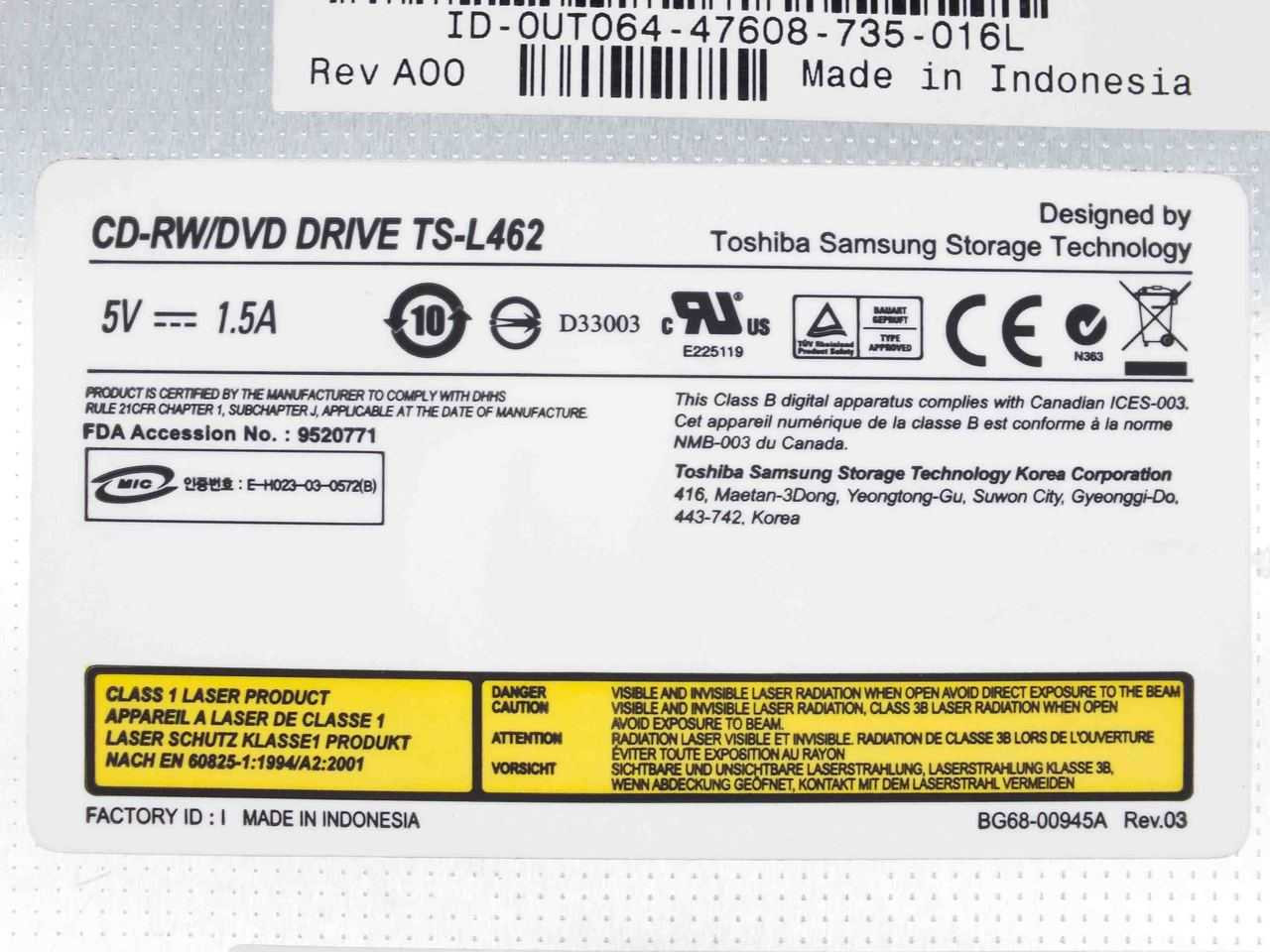 Toshiba Samsung TS-L462D/DEYH 24x CD-RW 8x DVD-ROM Notebook IDE Drive