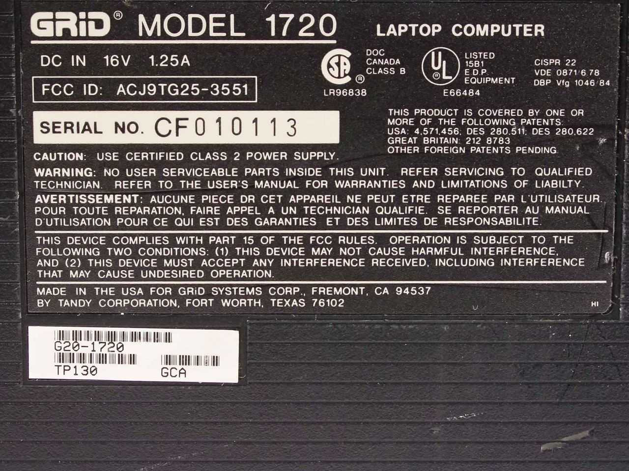 Grid 1720 Laptop Computer - Vintage Collectable - as is