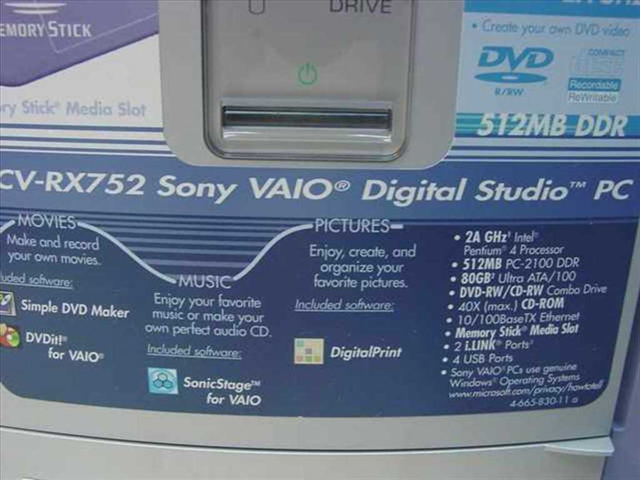SONY VAIO PCV-RX52 現在品 Sony PCV-RX670 Vaio PCV-7742 P4 1.8 GHz 512 MB 80 GB DVD-RW/CD-