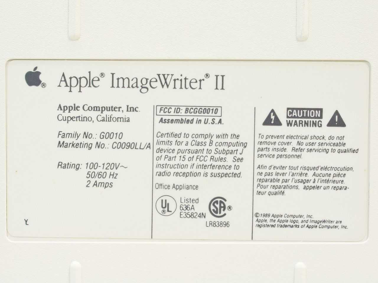 Apple G0010 Imagewriter II Dot Matrix Printer C0090LL/A