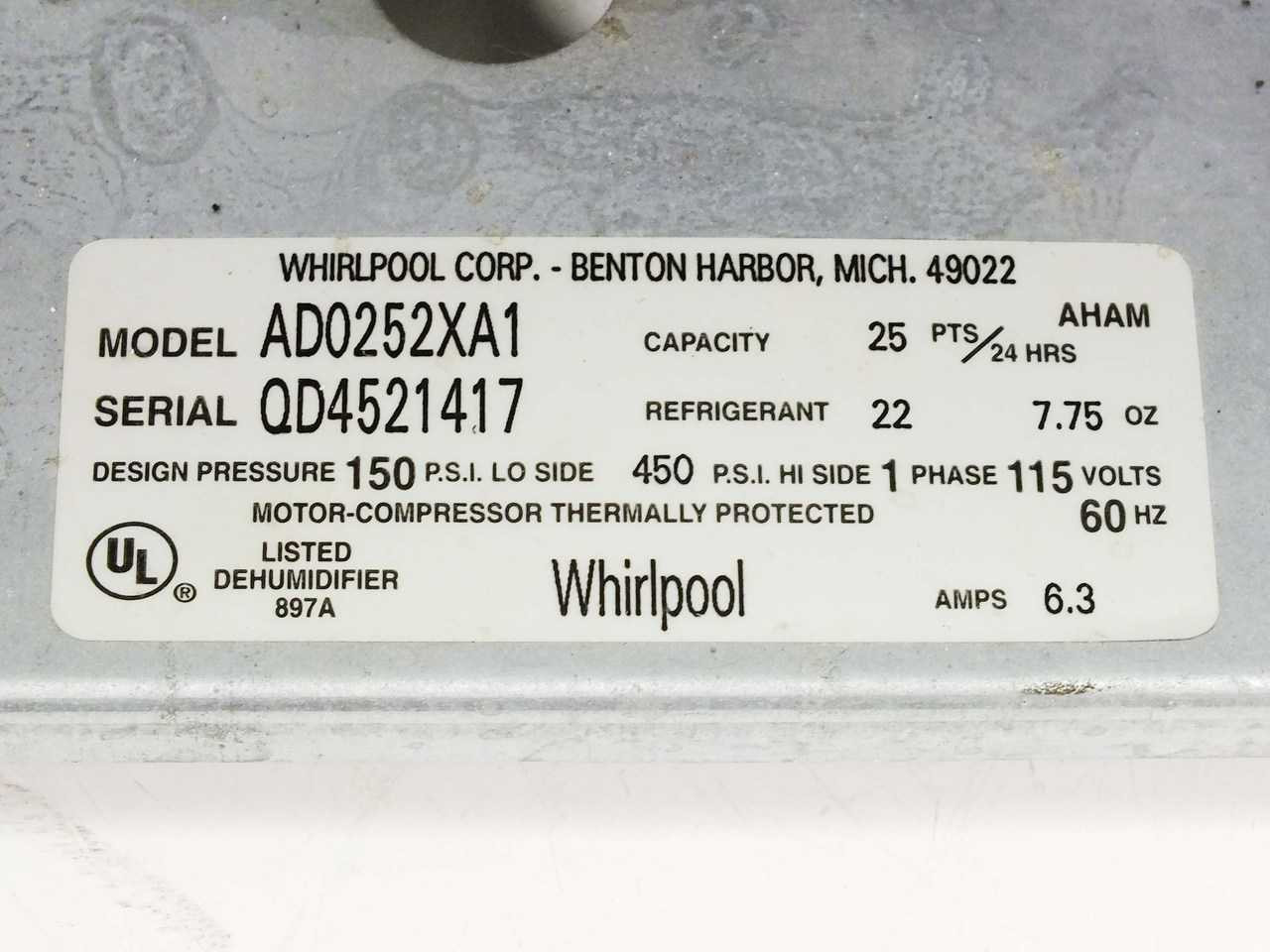 Whirlpool AD0252XA Dehumidifier 115V 15AMP - No Collection Tray Whirlpool AD0252XA Dehumidifier 115V 15AMP - No Collection Tray