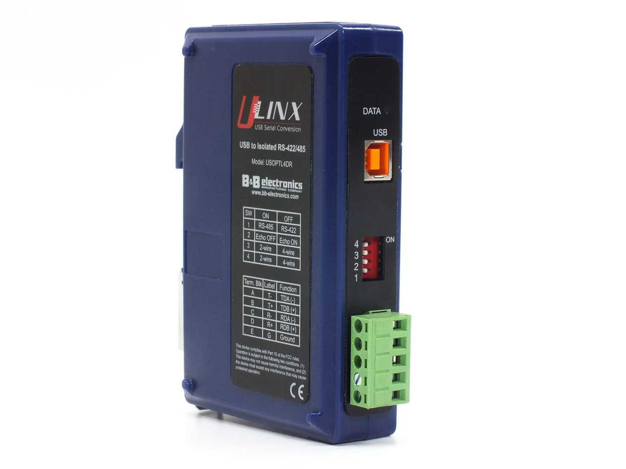 B&B Electronics USOPTL4DR DIN-Rail Isolated USB to RS-422/485 Converter  1-Port