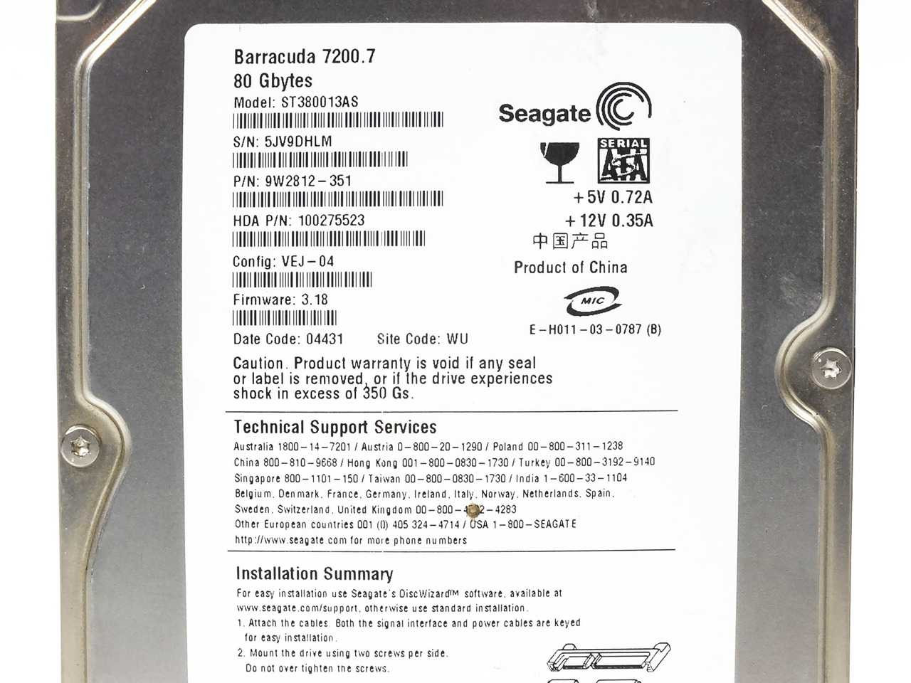 Seagate ST380013AS 80GB SATA Hard Drive Barracuda 7200RPM 9W2812