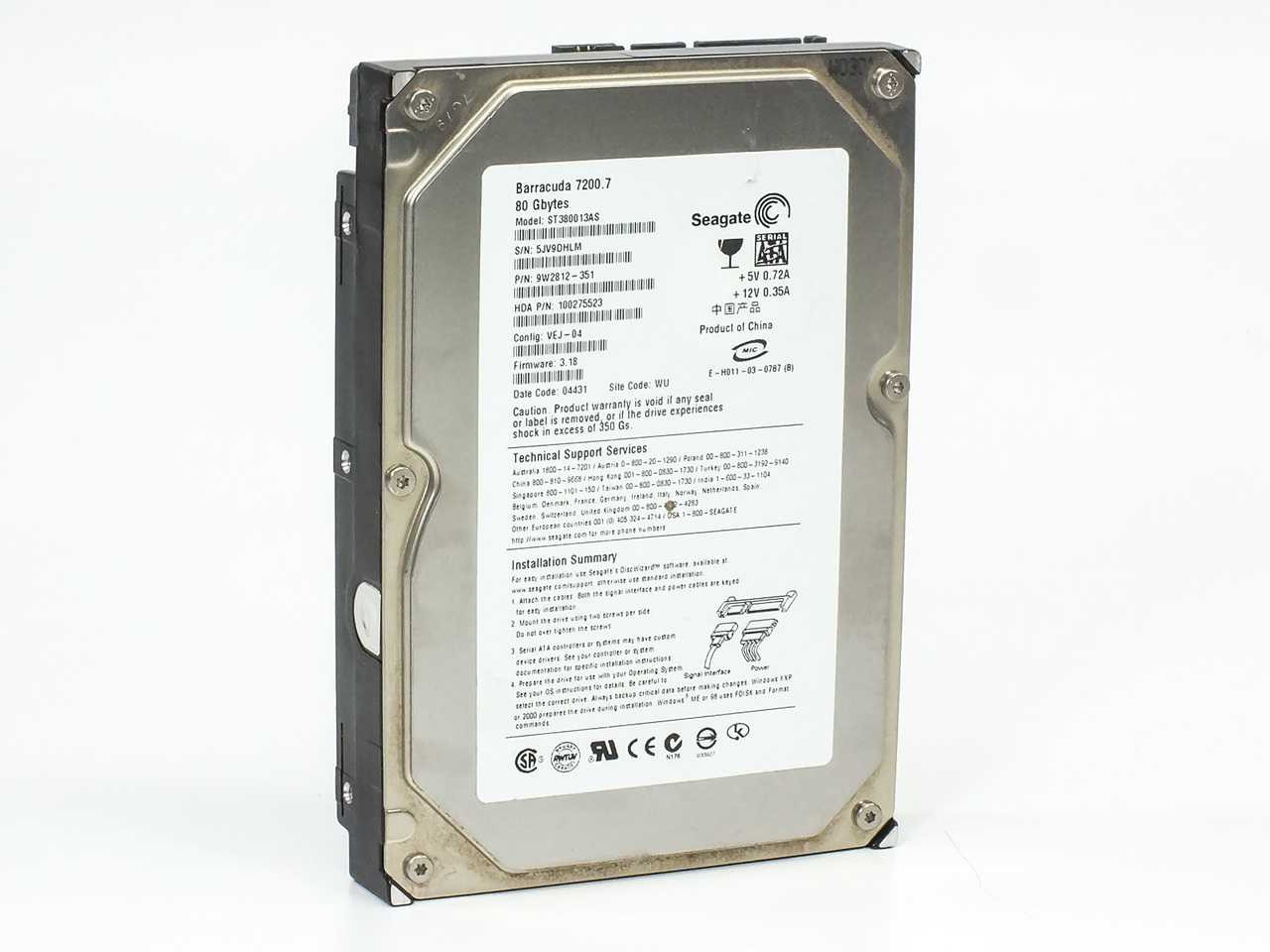 Seagate ST380013AS 80GB SATA Hard Drive Barracuda 7200RPM 9W2812-351 - WIPED