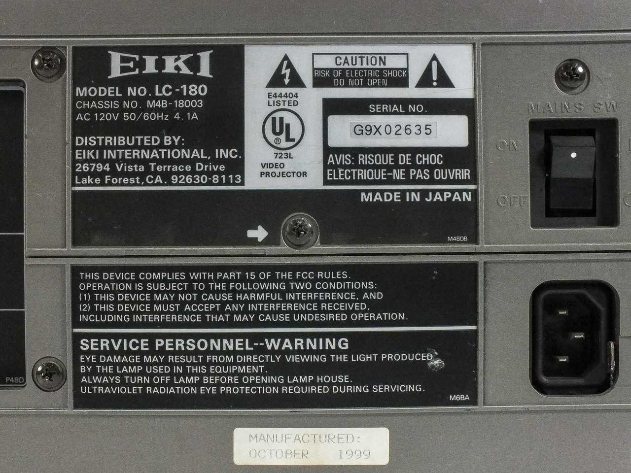 EIKI LC-180 LCD Projector with RCA / BNC-Coax/S-Video Inputs - No EIKI LC-180 LCD Projector with RCA / BNC-Coax/S-Video Inputs - No