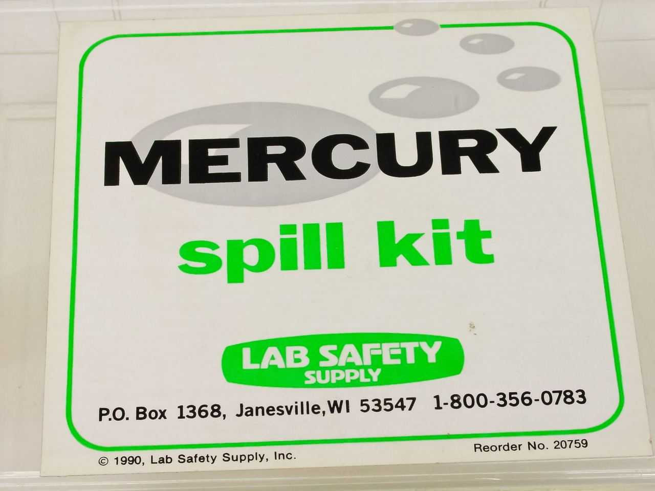Lab Safety Supply 20759 Mercury Spill Kit w/ Glasses, Trowel and Hg Absorb