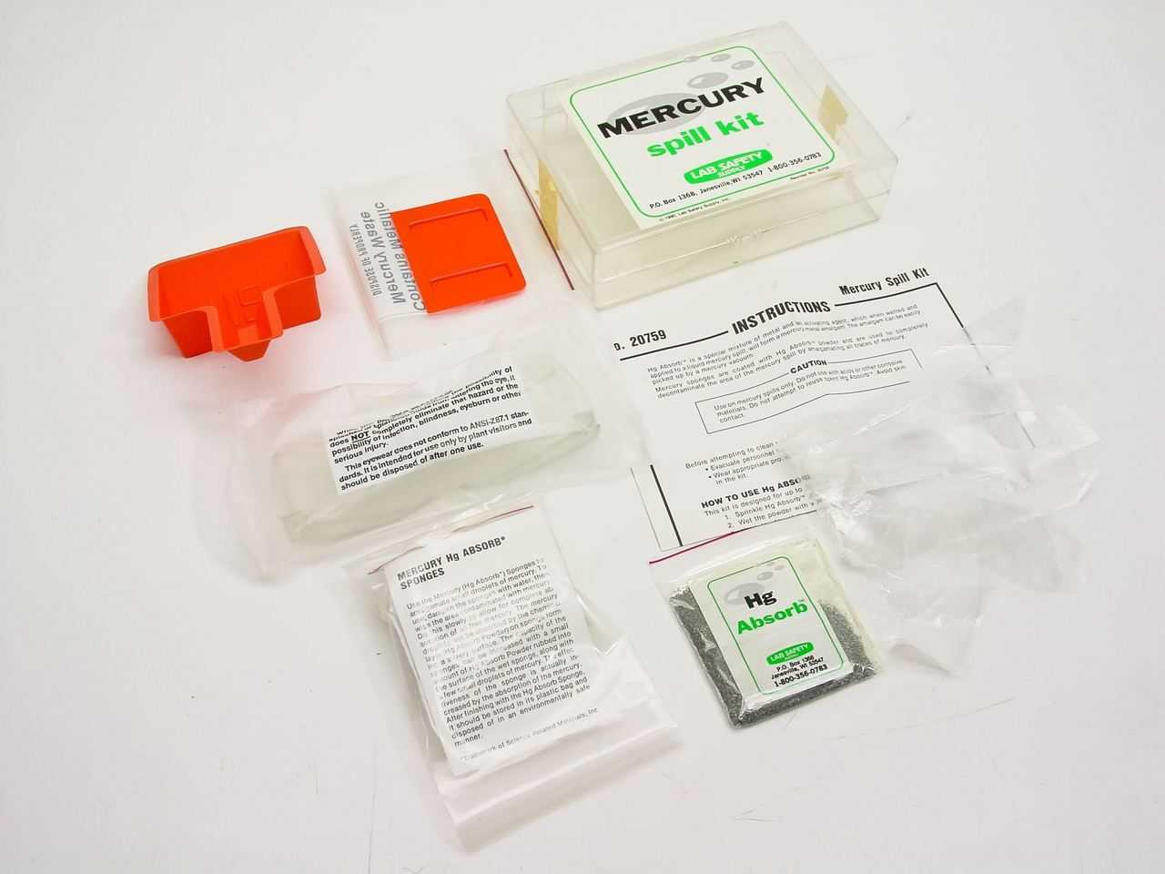 Lab Safety Supply 20759 Mercury Spill Kit w/ Glasses, Trowel and Hg Absorb
