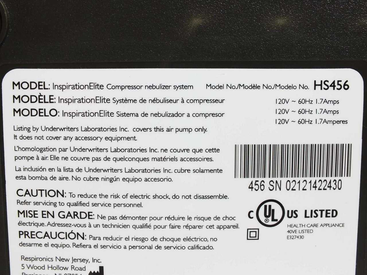 Philips Respironics HS456 Inspiration Elite Nebulizer Compressor