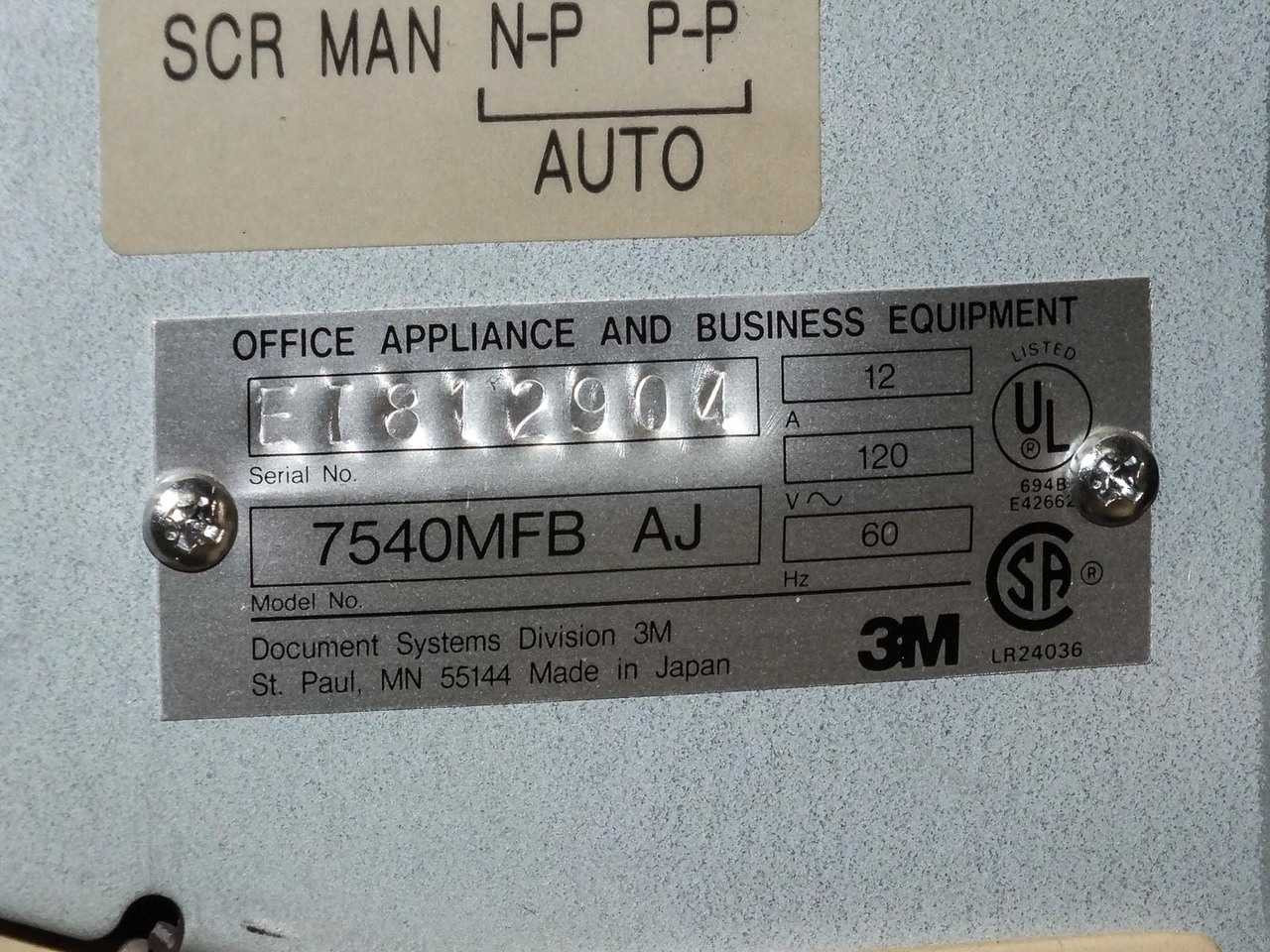 3M Microfiche Reader / Printer -AS-IS / UNTESTED (7540 MFB AJ)