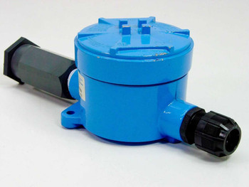 Sierra Monitor 4101-03 O2 gas sensor — left-side view showing blue enclosure, cable gland entry, and gray sensor probe