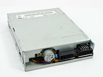 Mitsumi D359M3 floppy disk drive bottom and rear view showing 34-pin IDC data connector, 4-pin power connector, spindle motor, and read/write head assembly