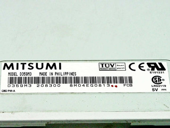 Mitsumi D359M3 floppy drive bottom label showing model number, part number 208300, Made in Philippines, TUV and UL certifications, and 5V power rating