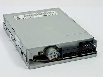 Mitsumi D359M3 floppy drive rear-left angle showing 34-pin ribbon connector, 4-pin power connector, and spindle motor