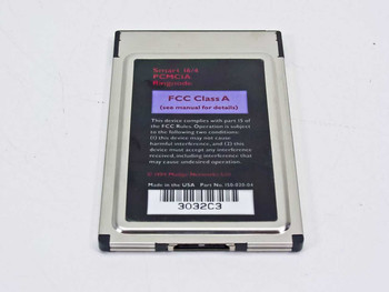 Madge Smart 16/4 PCMCIA Ringnode rear label showing FCC Class A notice, part number 150-020-04, and barcode