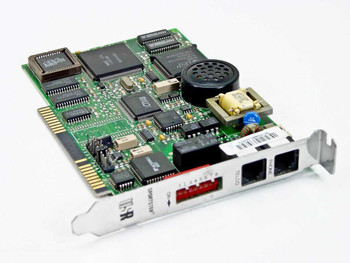 US Robotics 83133200 28.8K ISA modem card — angled top view showing PCB components, speaker, and bracket with RJ-11 ports
