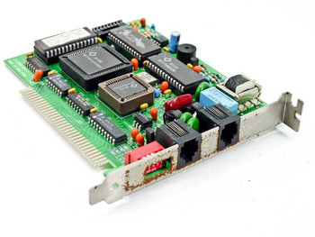 ZX1896A Rev SI 1.3A 8-bit ISA internal modem card — angled top view showing PCB with SC-series chips and dual RJ-11 ports on bracket