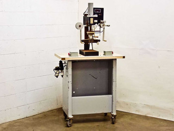 Somark International 8270 hot stamp printing machine front-right view mounted on rolling metal cabinet stand