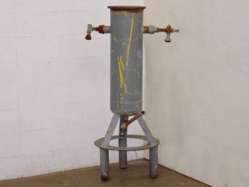 APHD 10STDWPB vertical gray metal storage tank on 4-leg floor stand with two side pipe fittings and valves – full front view