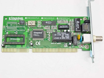 Kingston KNE2021LC ISA Ethernet card — front component side showing Kingston EtherRx controller chip, BNC and RJ45 connectors on bracket, ISA edge connector