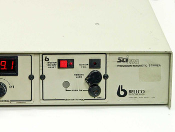 Bellco SciEra precision magnetic stirrer front panel close-up — Motion On/Off Reset button, Motion Fail indicator, Remote Jack, Horn On/Off switch, and SciEra branding label