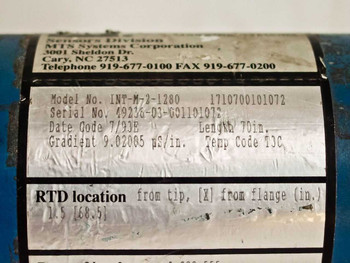 MTS Level Plus INT-M-2-1280 model label showing model number 1710700101072, serial number, date code 7/93E, rod length 70in, gradient 9.02005 µs/in, RTD location data