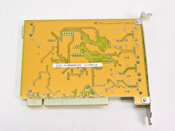 SIIG JU-CP4112 PCI USB card PCB rear — solder side showing label with serial number JUJ000009192 and model JU-CP4112