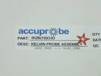 Close-up of Accuprobe label on box showing part IK2B10D3D, description Kelvin Probe Assembly, Lead Free RoHS Comp