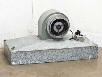 Emerson K55HXSAZ-8219 laminar down-flow hood — front-right view showing blower motor housing mounted on galvanized sheet metal filter plenum