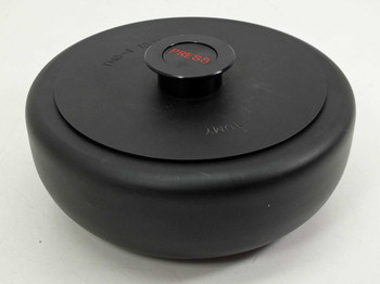Tomy TMS-4 swing bucket centrifuge rotor with lid assembled, top view showing PRESS button and Tomy branding