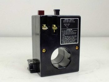 Fuji Electric BRR21N-01S Earth Leakage Relay – right-side view showing contact capacity label, attention notice, through-hole aperture, and DIN rail base