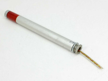 Patlite MT Signal Tower red lens — opposite end view showing wire leads exiting threaded conduit fitting