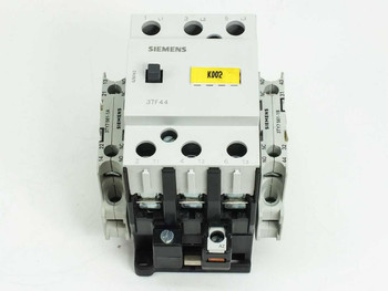 Siemens 3TF4422-0A air break motor starter contactor — front view showing 3TF44 housing, Siemens logo, and yellow asset tag K002