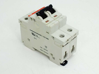 ABB S282-Z6 Z6A 2-pole DIN-rail circuit breaker — right-side angled view showing UL and VDE markings on body