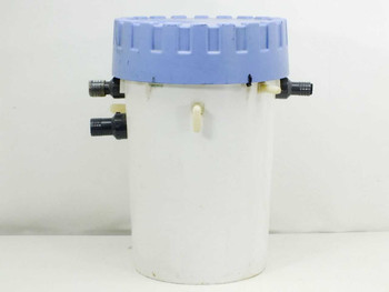 Plastican 6.5 Gallon White Housing Filter showing blue screw-on lid, two black barbed ports, and one small cream-colored fitting – front left view