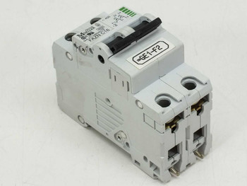 Eaton Moeller FAZN C16 2-pole DIN rail circuit breaker – three-quarter front-left view showing toggle handles and terminal lugs